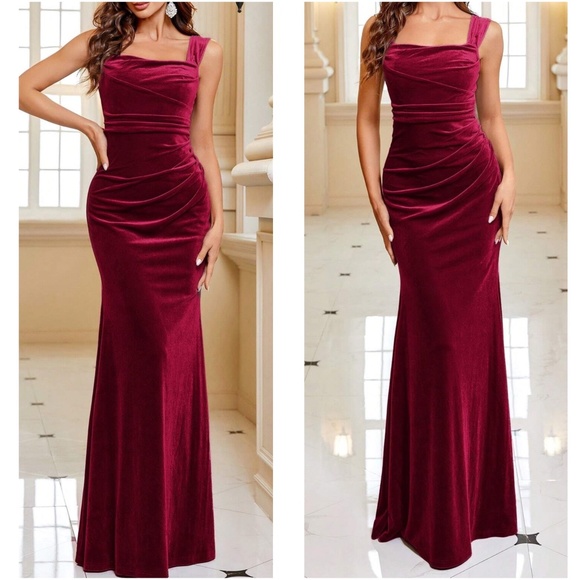 Luxe Velvet Ruched Party Formal Wedding Black Tie Maxi Dress - Picture 2 of 6